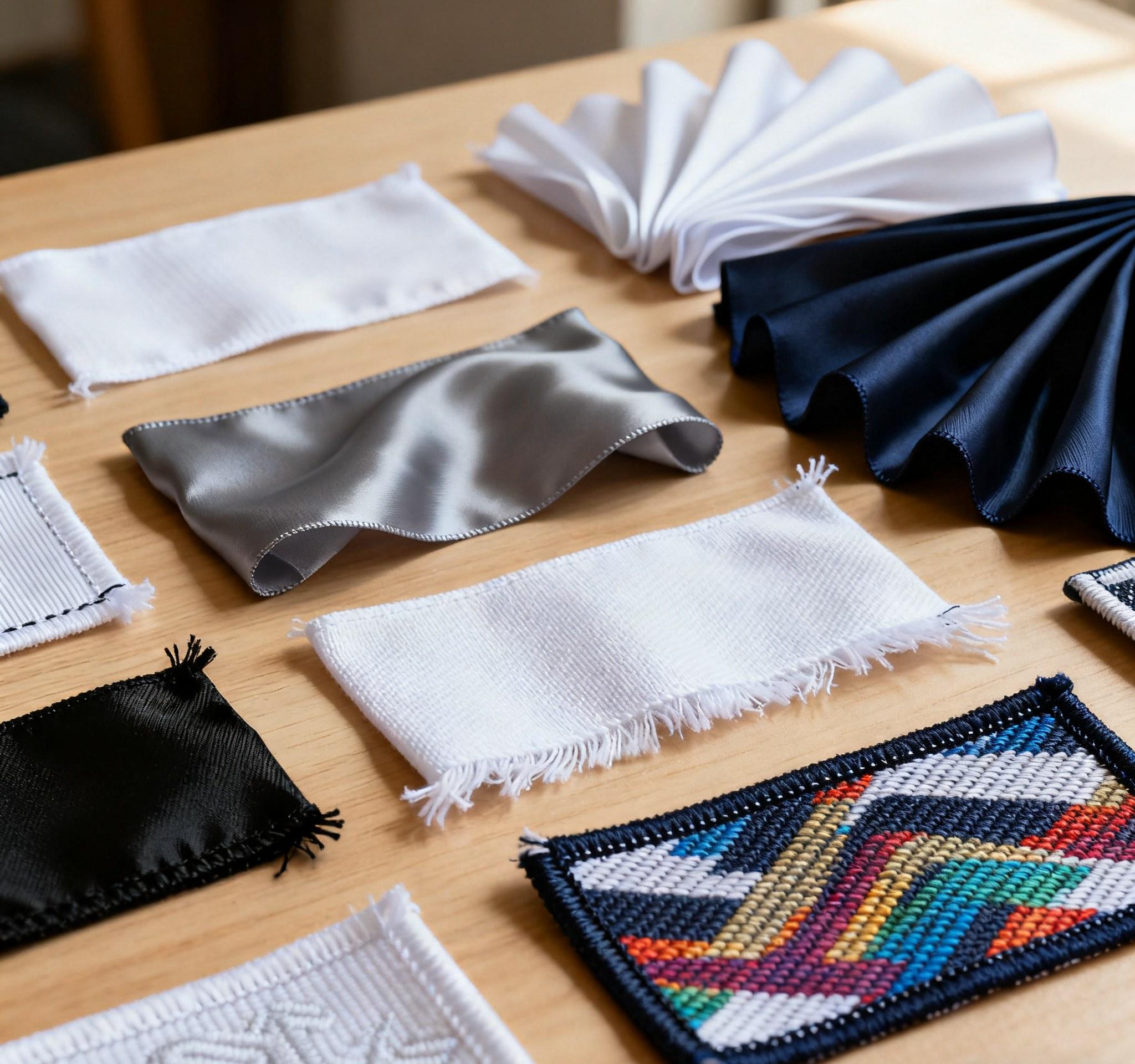 Different customized woven labels in assorted materials and folds.